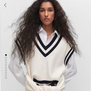 Mango Cream V-Neck Knit Sweater Vest with Black Trim